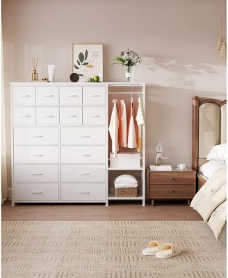 Tall Dresser for Bedroom, Fabric Dressers with 16 Drawers & Clothes Rack & 2 Storage Shelves, PU Closet Dresser with Hanging Space