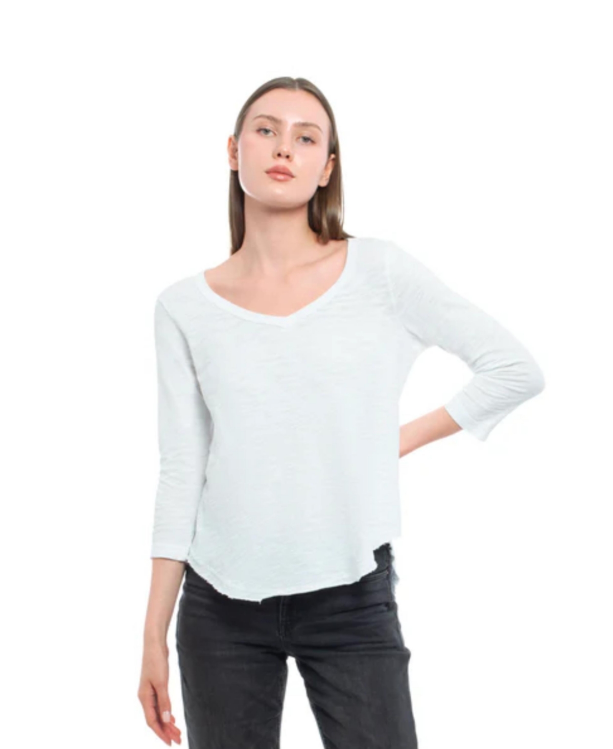 Wilt Clothing Women's 3/4 Sleeve V-Neck Shirttail Tee - White