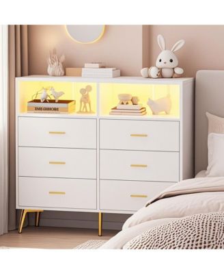 Dresser for Bedroom with 6 Drawers, Multi-Functional Nursery Dresser with LED Lights & Charging Station