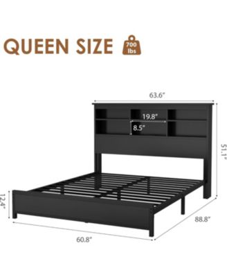 Queen Size Bed Frame with Bookcase Headboard, 2-Tier Storage Platform, USB Charging Station, No Box Spring, Easy Assembly