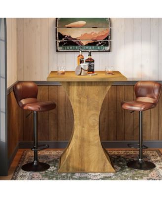 39.4" H Square Bar Table, Farmhouse High Top Bistro Pub Cocktail Table with Curved Profile, Wood Home Bar Unit