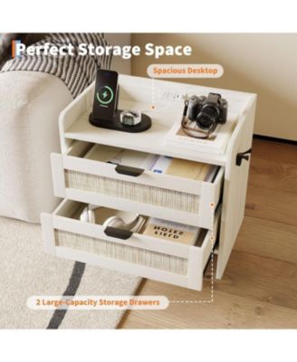 Boho Rattan Bedside Table with Type-C Charging Station, Nightstand with 2 Drawer Storage