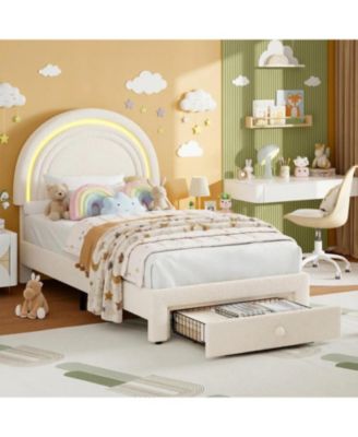 Twin LED Kids Bed Frame, Upholstered Platform Bed with Rainbow Headboard & Storage Drawer, No Box Spring Needed