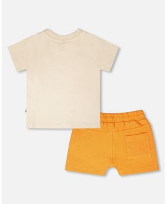 Baby Boys Cotton T-Shirt and Short Set Beige and Orange