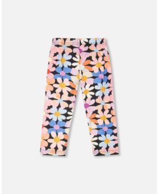 Big Girls Viscose Leggings Black Printed Flowers