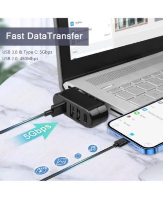 Rotatable 4 Port USB 3.0 Hub with 180° Swivel, 5Gbps SuperSpeed & USB C PD In Port