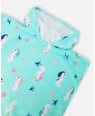 Girl Hooded Beach Towel Blue Seahorse Print
