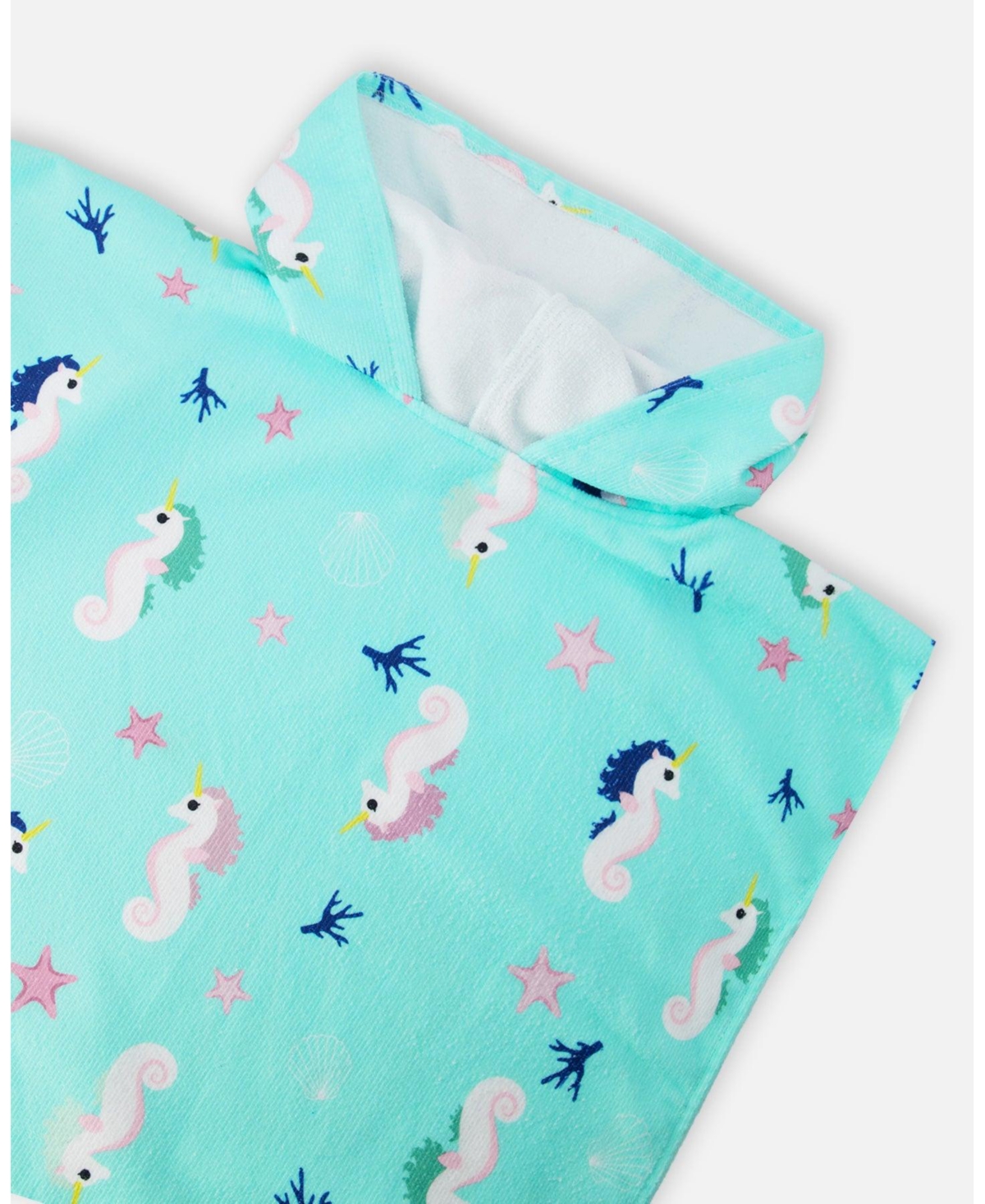 Deux par Deux Girl Hooded Beach Towel Blue Seahorse Print