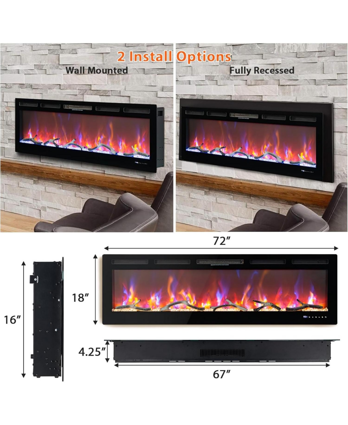 gaomon Built In Electric Fireplace with Smart Voice & Remote Control, 12 Flames