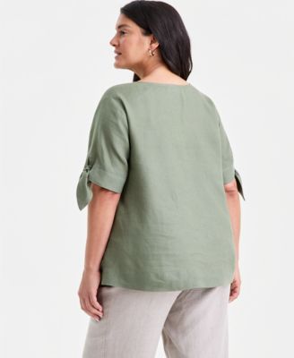 Plus Size Linen Solid Split-Neck Tie-Cuff Top