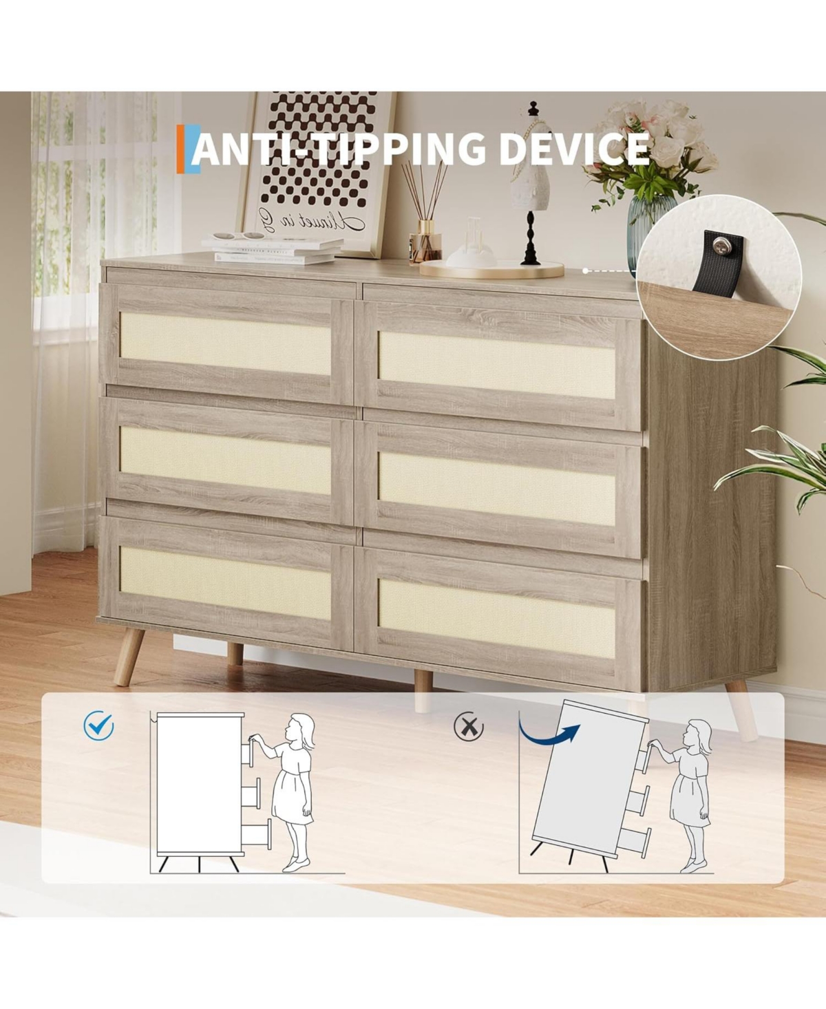 Gaomon 6 Drawer Dresser for Bedroom, Rattan Chest of Dressers, Modern Farmhouse Wood Dresser, Storage Cabinet for Closet, Living Room