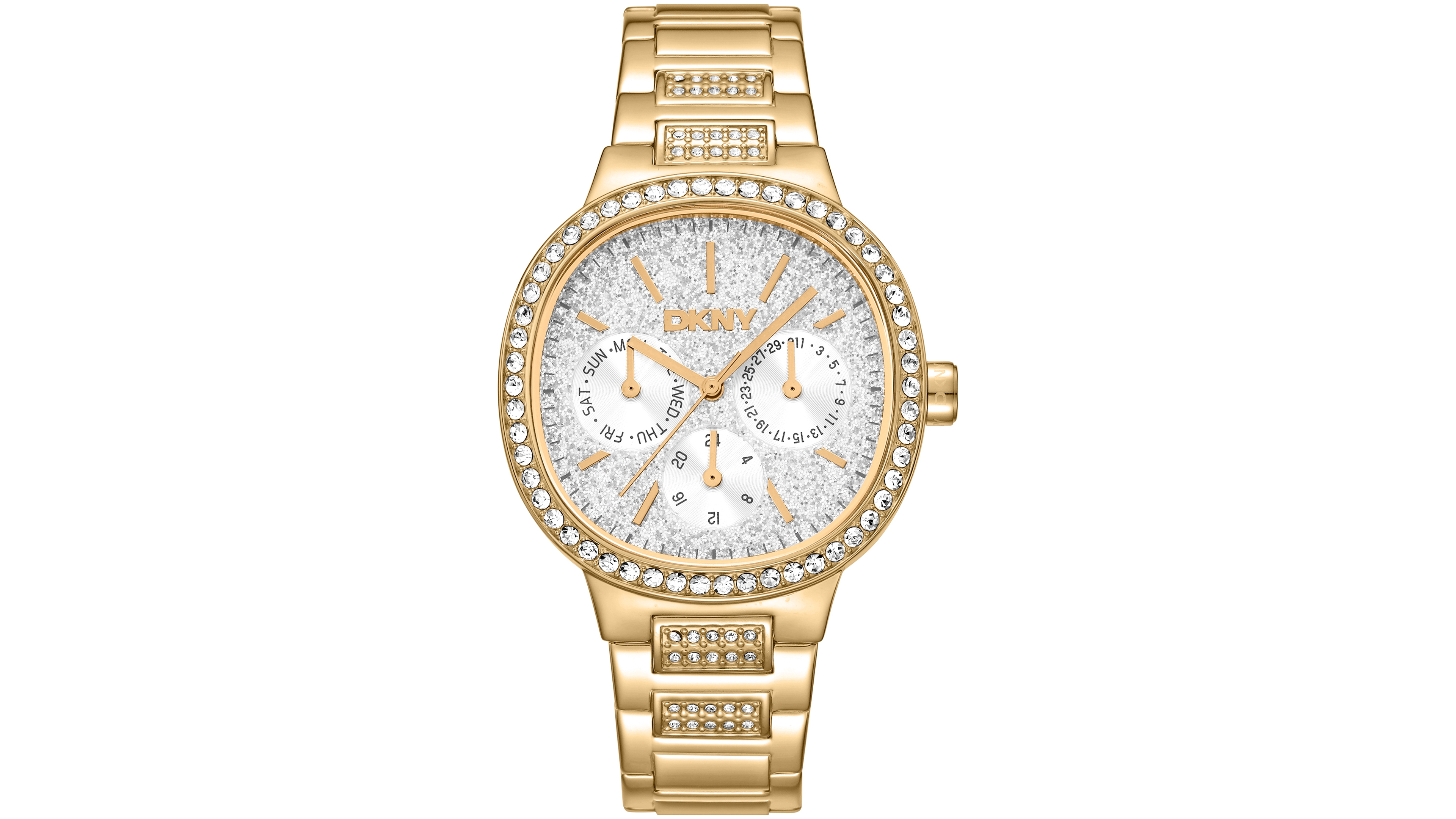 Dkny Women's Silver Crystal Covered Dial and Bezel Gold-Tone Stainless Steel Bracelet Multifunctional Watch, 36mm