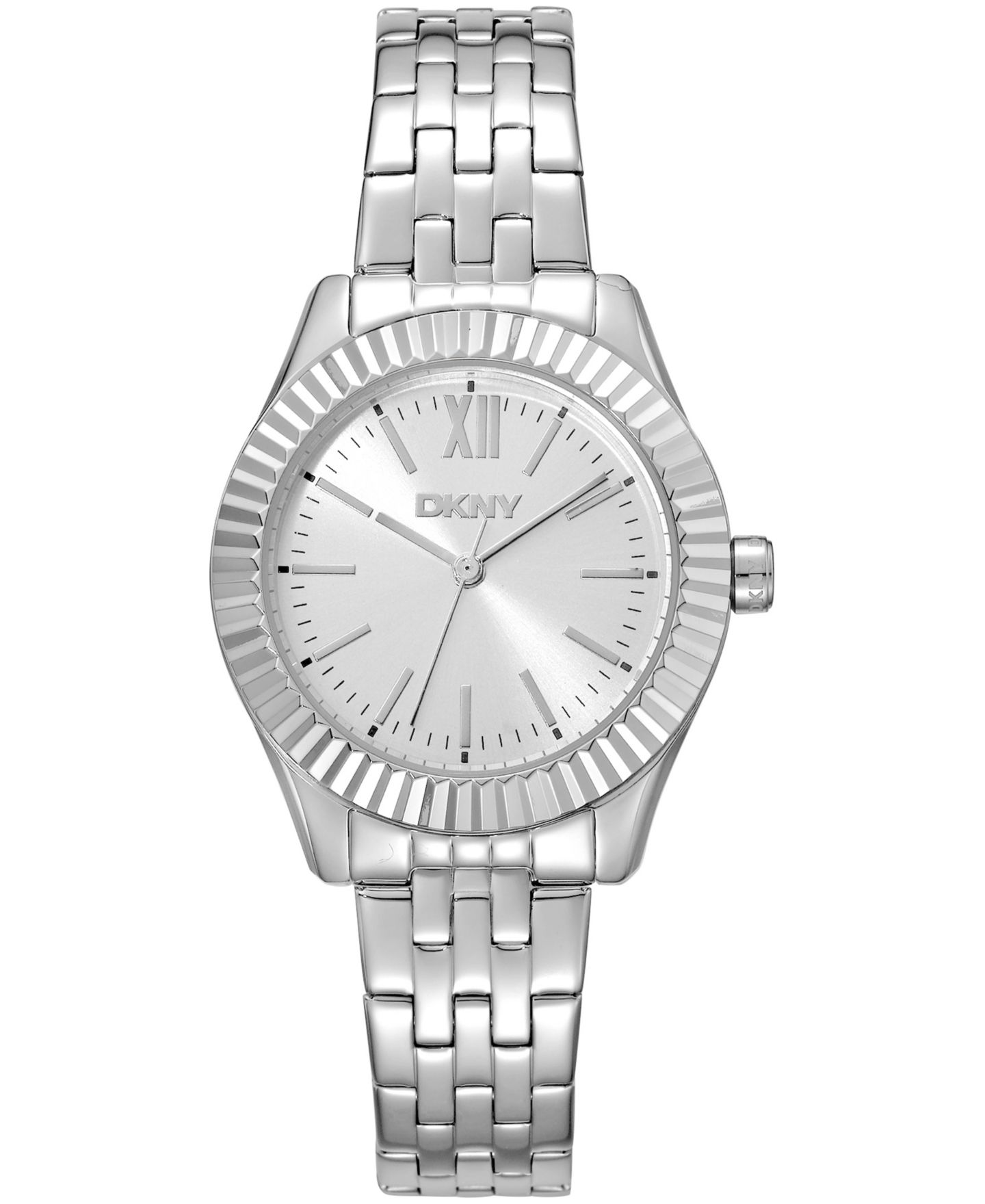 Женские часы DKNY Silver Dial Fluted Bezel Stainless Steel Bracelet Watch, 30mm — фото 1