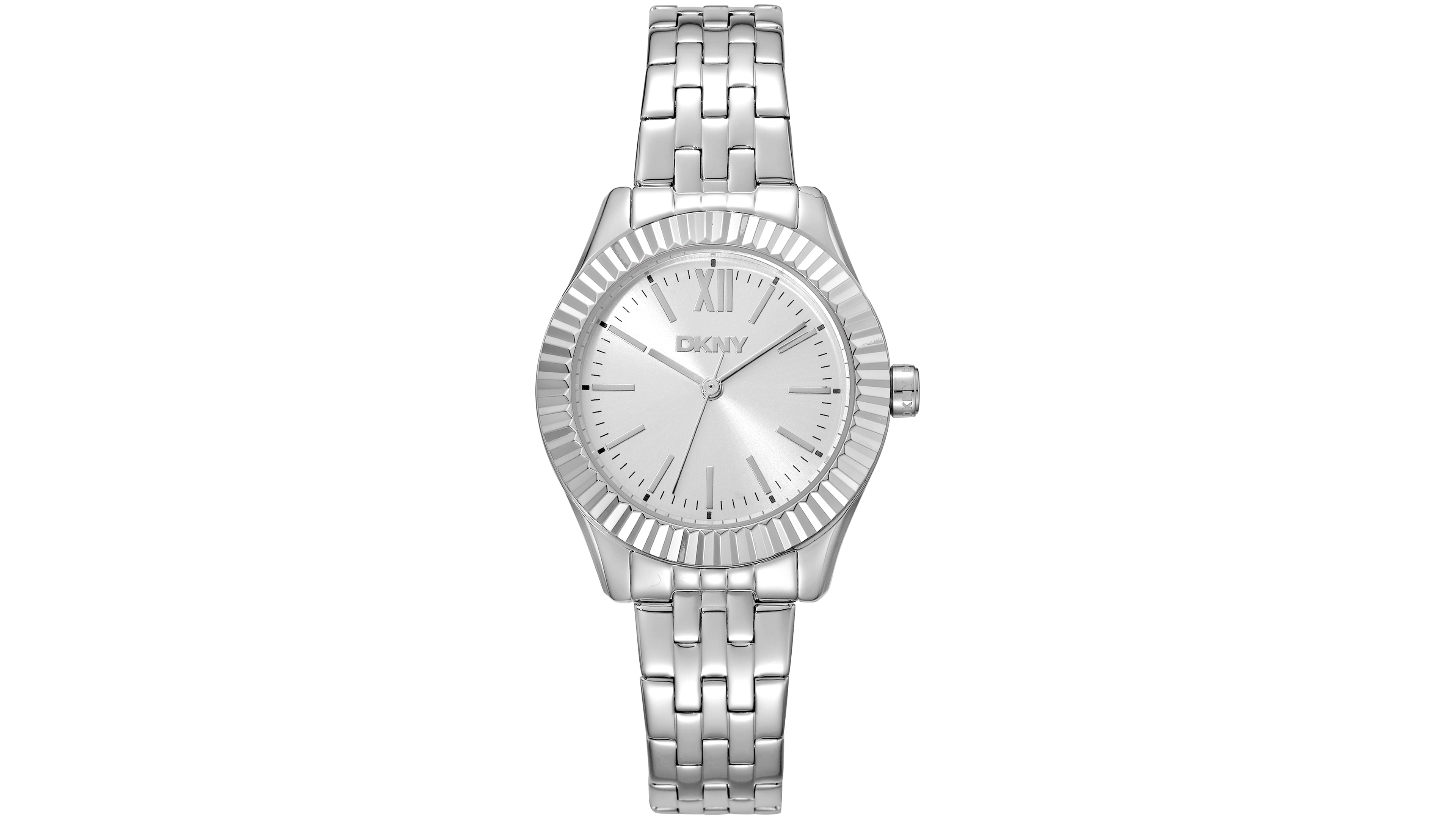 Dkny Women's Silver Dial Fluted Bezel Stainless Steel Bracelet Watch, 30mm