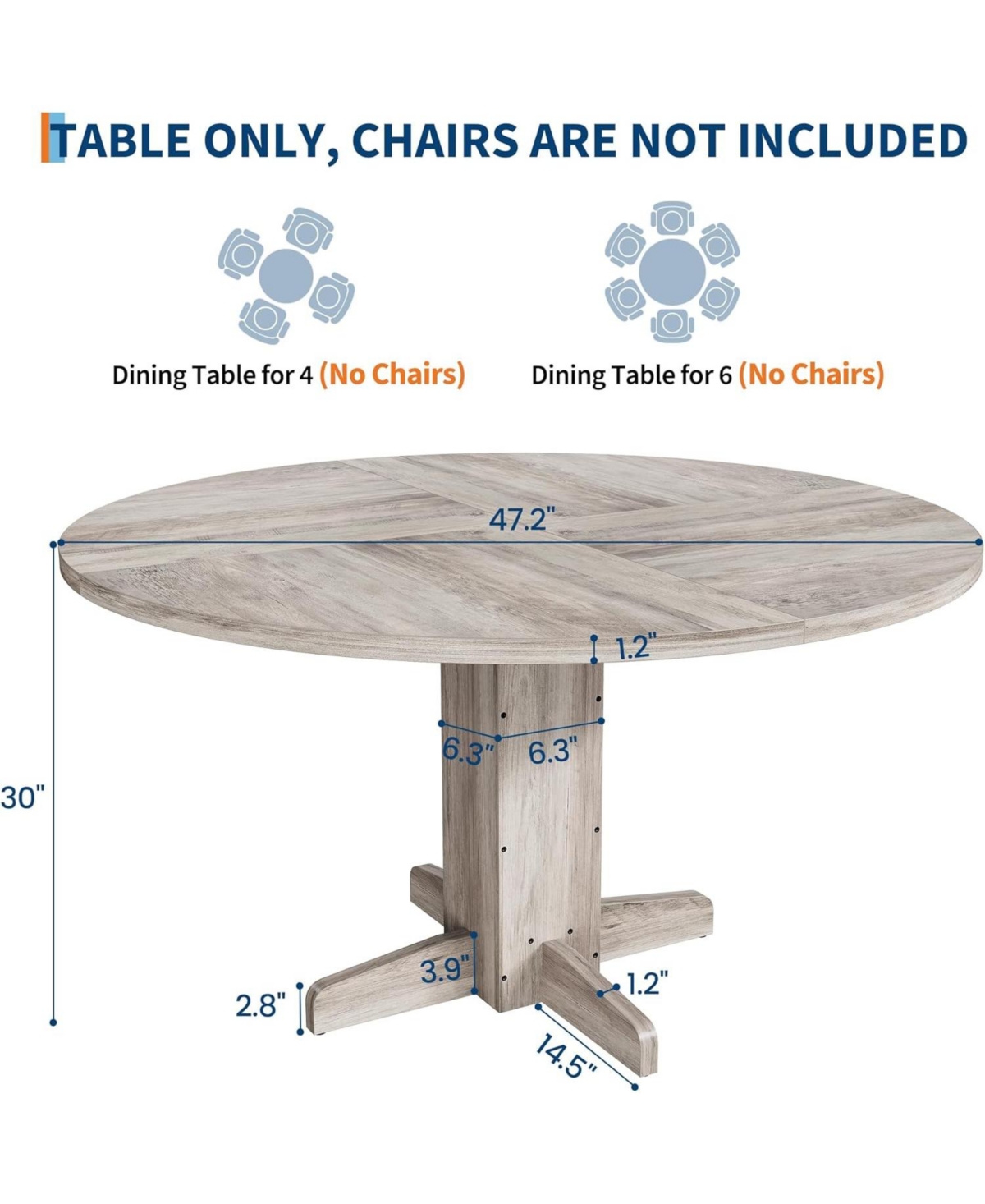 gaomon Farmhouse Dining Program 47-Inch Wood Table with a Sturdy Pedestal Base for Seating 4–6 People, Round