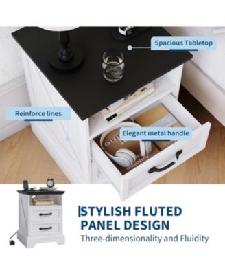 Farmhouse Nightstand with Charging Station, Large Rustic Bedside Table with 2 Drawers & Open Shelf, USB Ports & AC Outlets for Bedroom