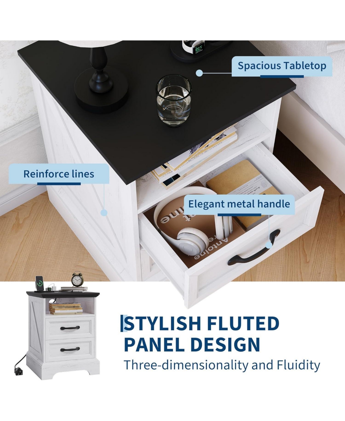 gaomon Farmhouse Nightstand with Charging Station, Large Rustic Bedside Table with 2 Drawers & Open Shelf, Usb Ports & Ac Outlets for Bedroom