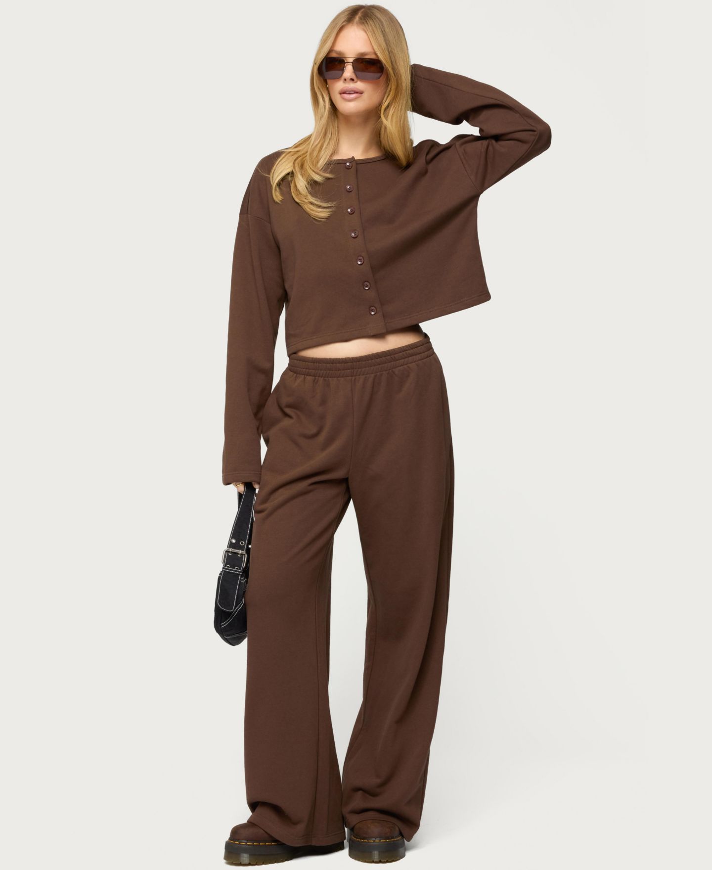 Женский свитшот Edikted Binah Oversized French Terry Button Up, цвет: Тёмный коричневый — фото 5