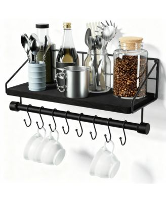 Wooden floating shelf with towel rack and hooks for coffee bar/kitchen/bathroom