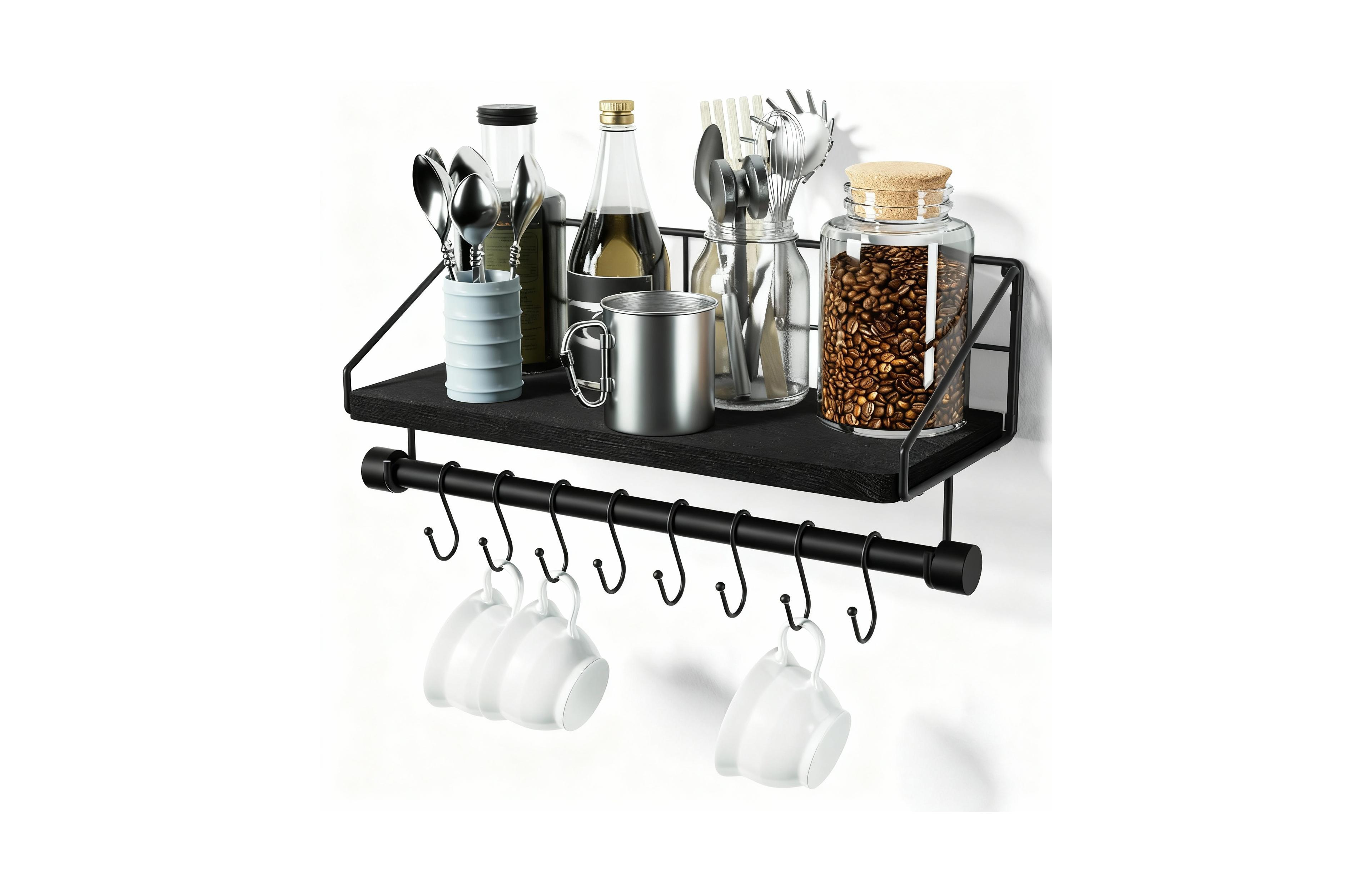 Yigii Wooden floating shelf with towel rack and hooks for coffee bar/kitchen/bathroom