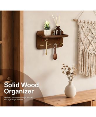 Solid Wood Key Holder with 4 Brass Hooks, Anti-Slip Groove, and 15° Incline