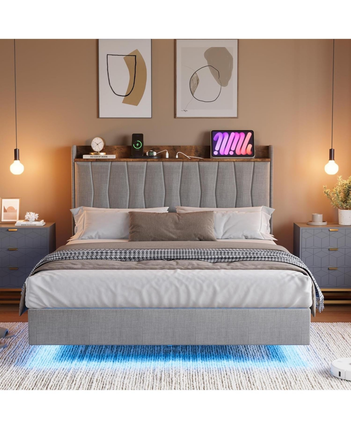 gaomon Floating Bed Frame with Led Lights & Usb Charging Station – Modern Upholstered Platform Headboard, Solid Wood Slats Support