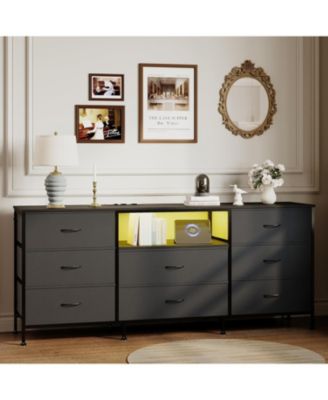 63" w LED TV Stand Dresser with 8 Fabric Drawers, Dressers & Chests of Drawers TV Stand with Storage, Steel Frame & LED Lighting