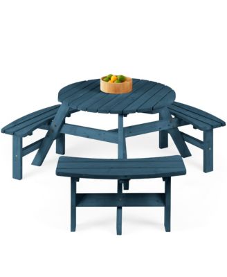 6-Person Circular Outdoor Wooden Picnic Table w/ 3 Built-In Benches, Umbrella Hole
