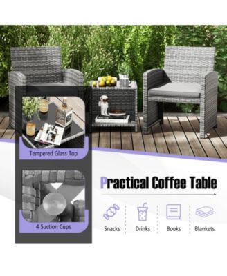 3 PCS Patio Furniture Set with Tempered Glass Coffee Table & Soft Seat Cushions