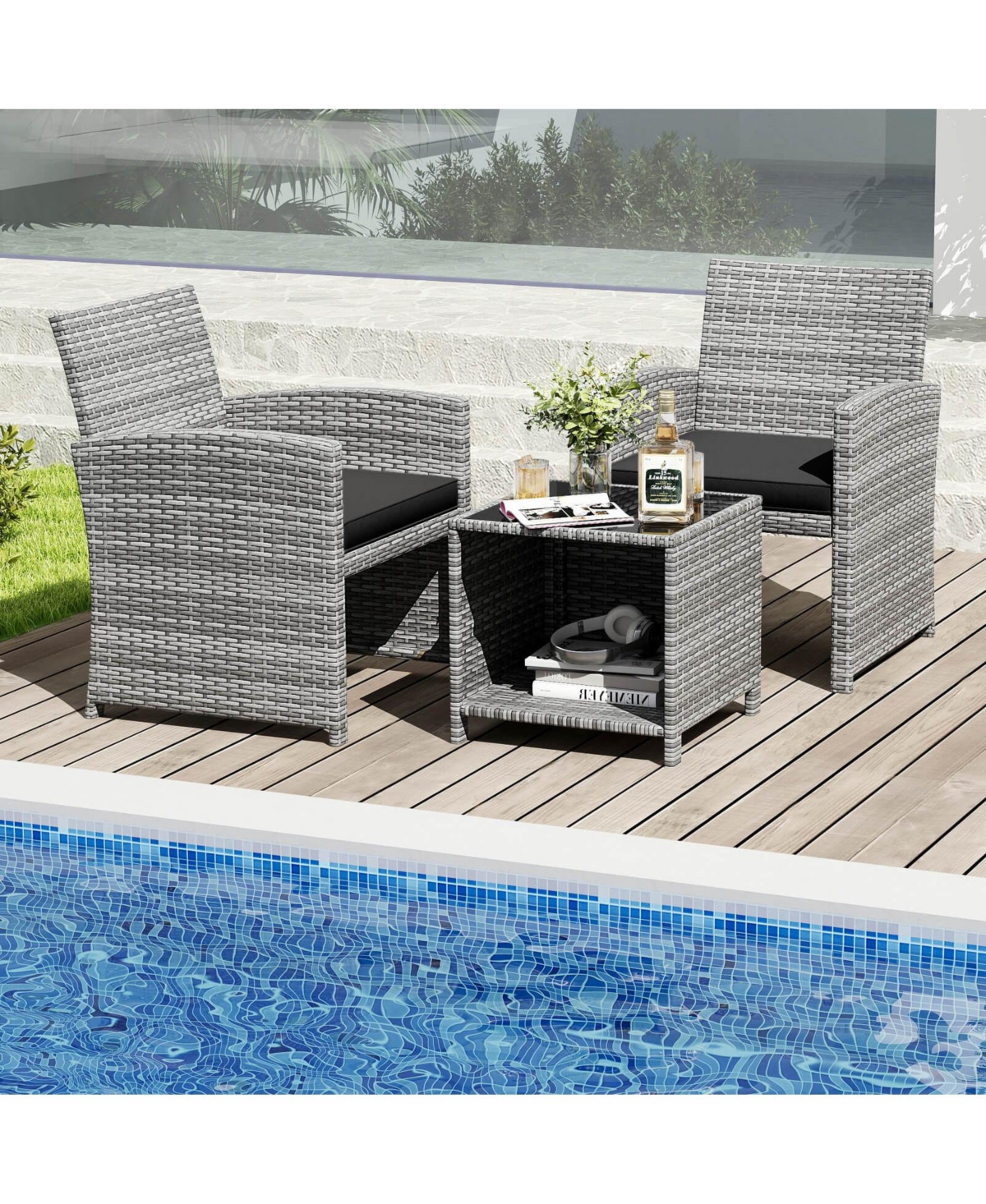 Costway 3 Pcs Patio Furniture Set with Tempered Glass Coffee Table & Soft Seat Cushions