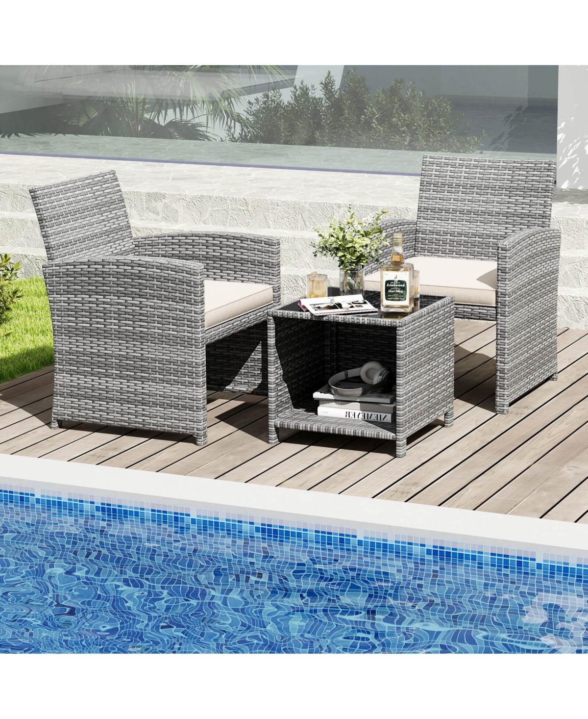 Costway 3 Pcs Patio Furniture Set with Tempered Glass Coffee Table & Soft Seat Cushions