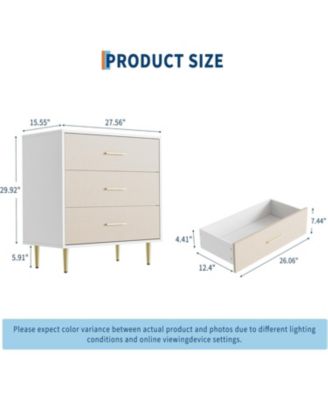 Elegant 3-Drawer White Dresser with Handles and Legs, Wooden Nightstand with Linen-Textured Surface, Modern White Chest of Drawers