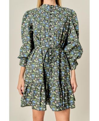 Women's Floral Print Pintuck Smock Mini Dress