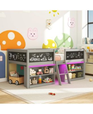 Kids Low Loft Bed with Bookcases and LED Cabin Design