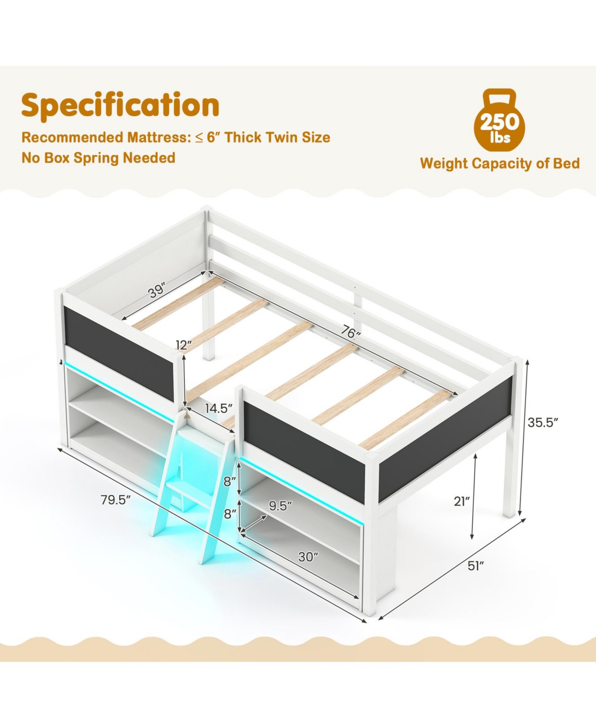 Slickblue Kids Low Loft Bed with Bookcases and Led Cabin Design