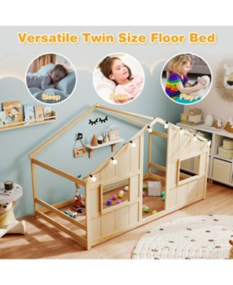 Kids Twin Floor Bed, House-Shaped Design with LED Lighting