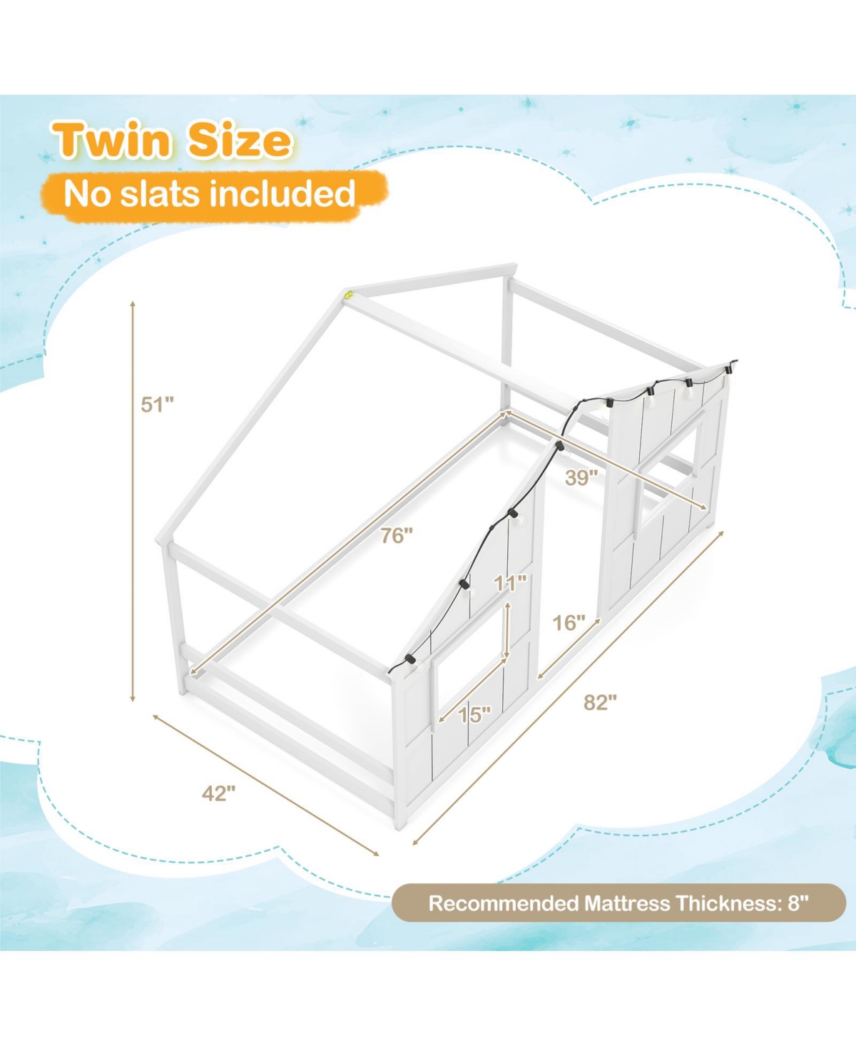 Slickblue Kids Twin Floor Bed, House-Shaped Design with Led Lighting