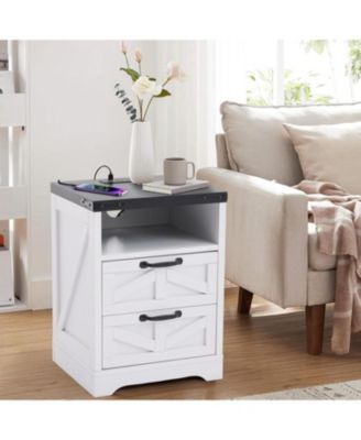 Farmhouse Nightstands Set of 2, Wooden Bedside Table with Charging Station, End Table with 2 Drawers