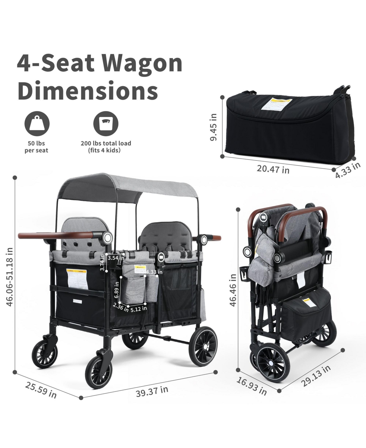 Kinder King All-Terrain 4-Seat Stroller Wagon with Canopy, Shock-Absorbing Wheels, Snack Tray, Storage Bag & Adjustable Handle