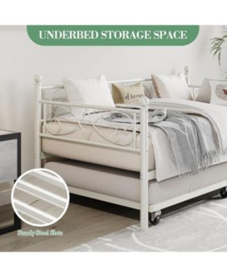 Twin Daybed with Trundle Bed, Space-Saving Metal Day Bed Frame with Floral Headboard and Heavy Duty Steel Slats