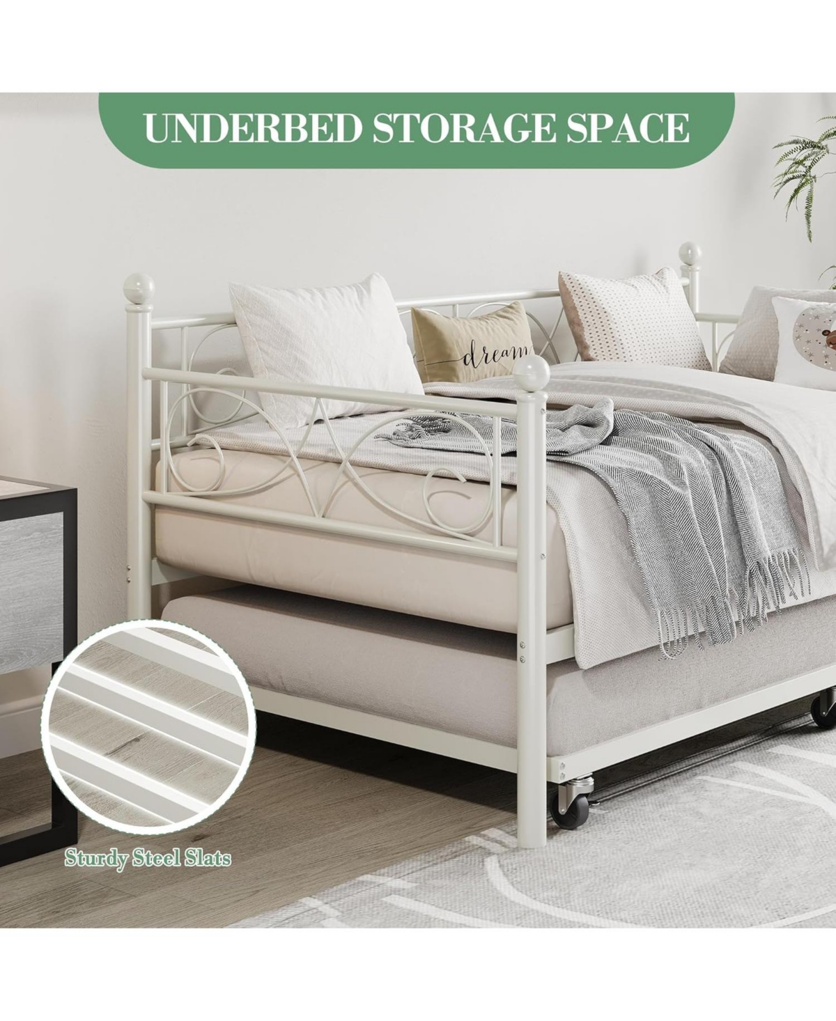 gaomon Twin Daybed with Trundle Bed, Space-Saving Metal Day Bed Frame with Floral Headboard and Heavy Duty Steel Slats