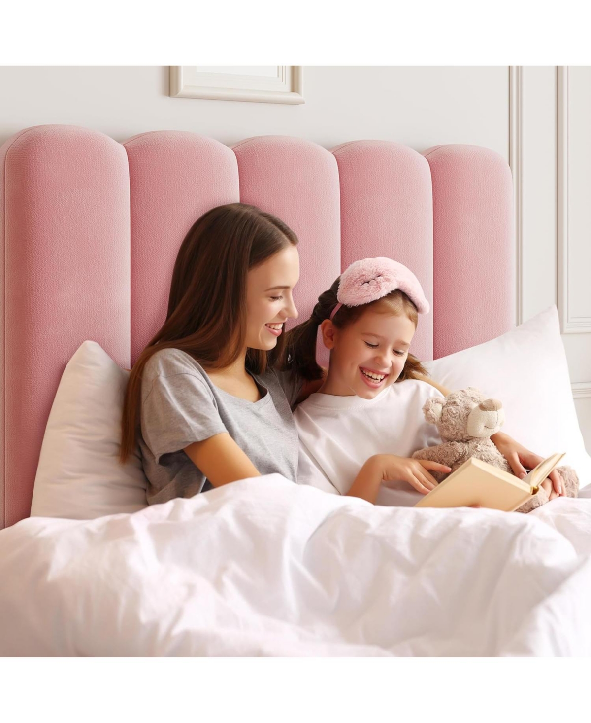 gaomon 2 Sets Twin Bed Frame with Under-Bed Drawer, Upholstered Platform Bed with Wave Headboard for Kids/Girls, Wooden Slats Support