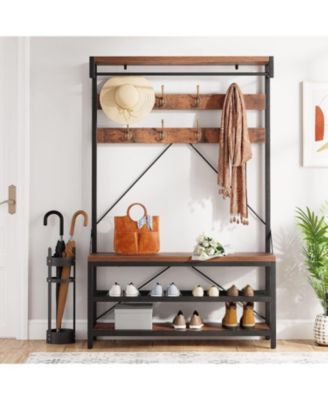 72" Industrial Hall Tree with Shoe Bench, Storage Shelf & 8 Double Hooks for Entryway