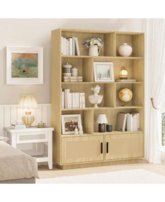 5-Tier Boho Bookshelf – Wooden Bookcase with Rattan Doors, Tall Storage Book Stand, Large Freestanding Bookshelf for Living Room