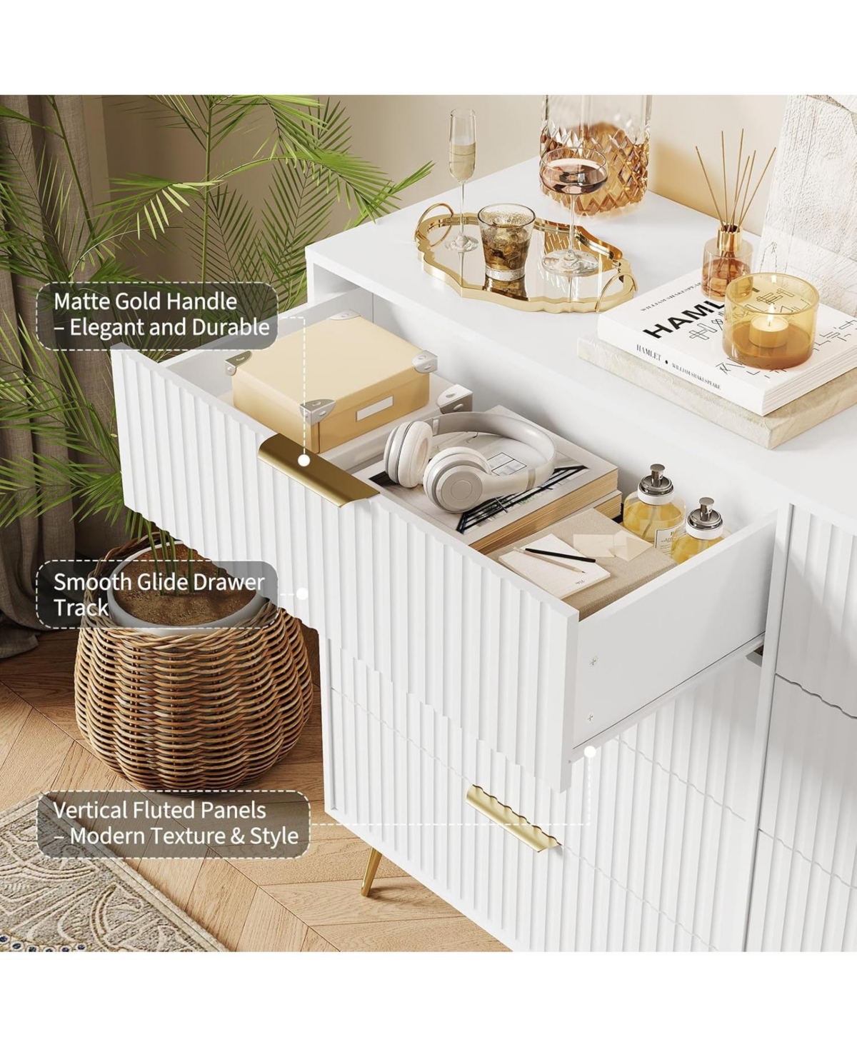 Fluted 8-Drawer Dresser for Bedroom, 55" Wide Modern Minimalist Chest of Wooden Drawers,Wide Clothes Storage Organizer