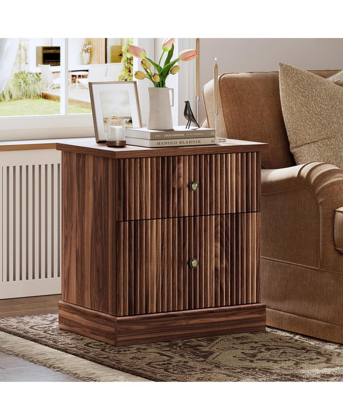 gaomon Fluted Nightstand with 2 Drawers, Mid Century Modern Bedside Table for Living Room