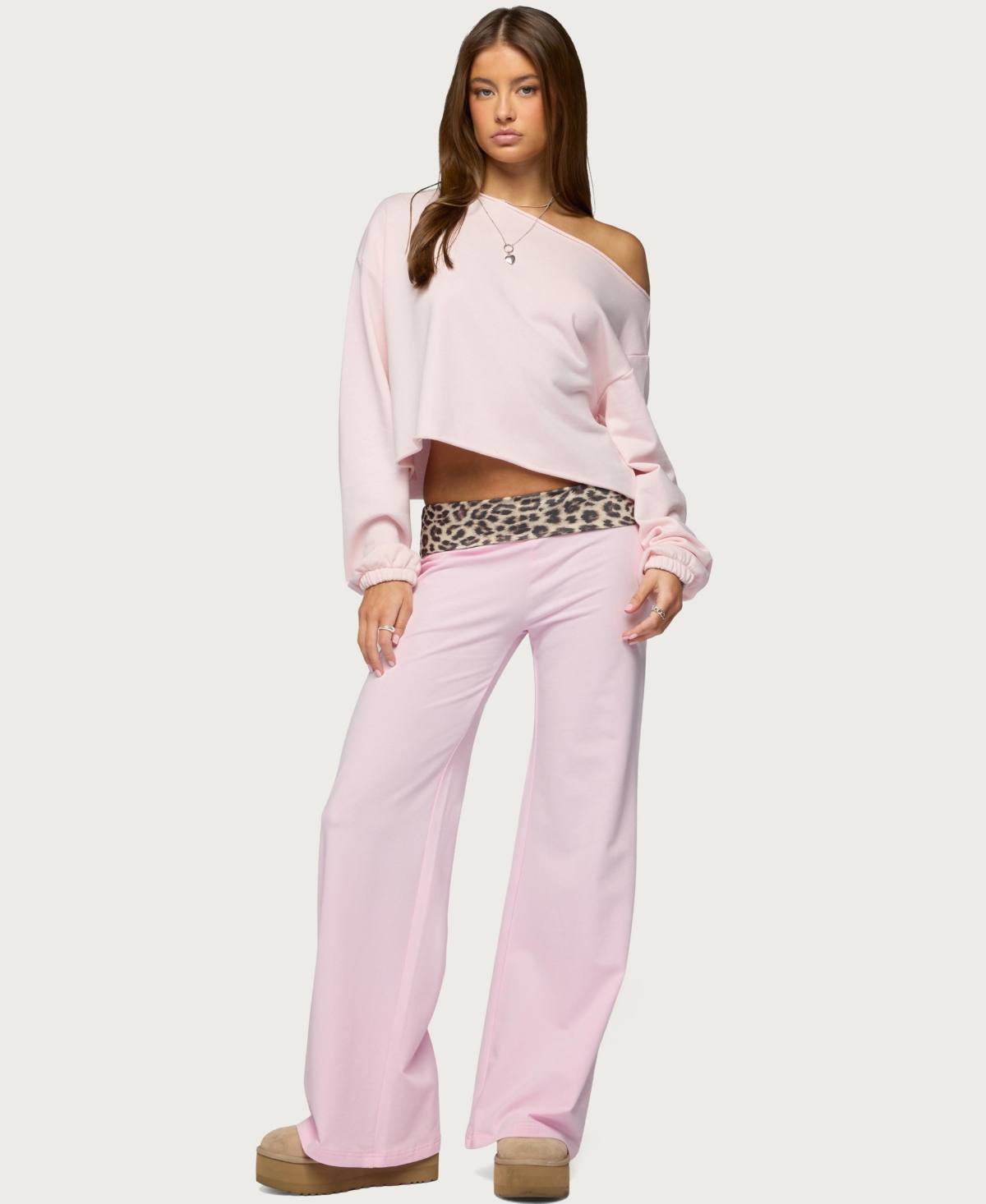 Edikted Womens Leopard Fold Over Pants
