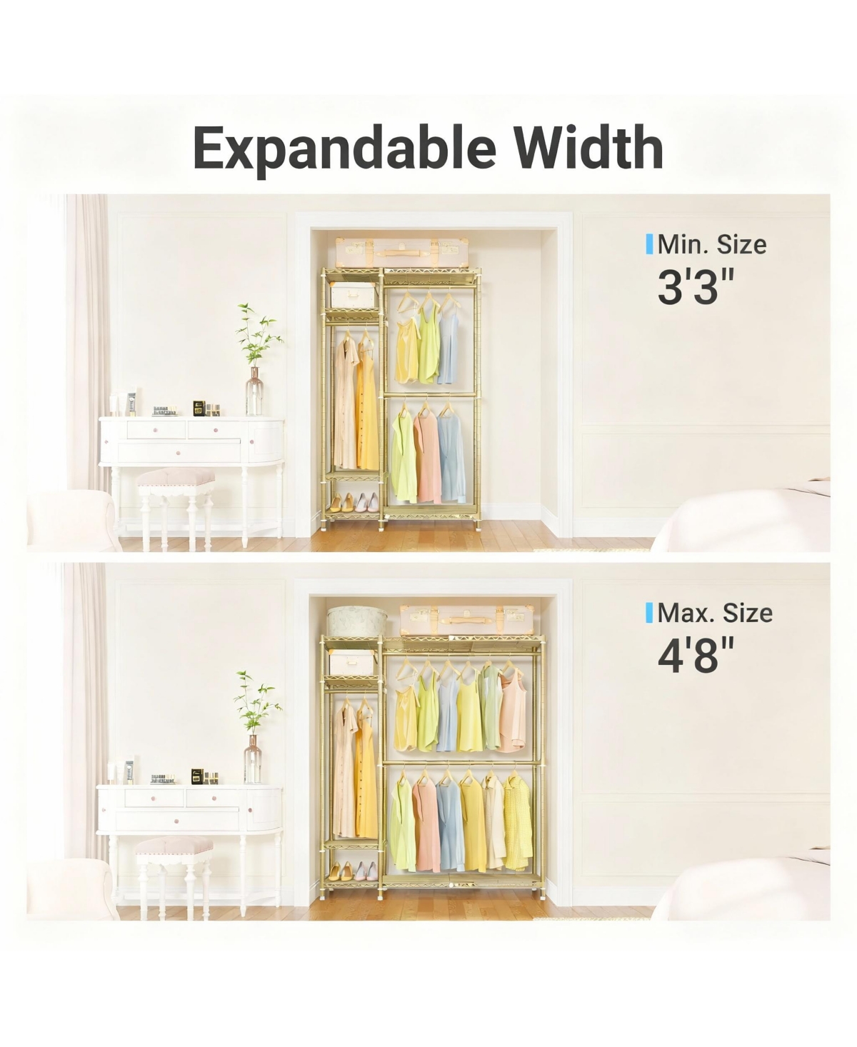 Yigii Adjustable Metal Garment Rack with Shelves and Rods for Space Maximization