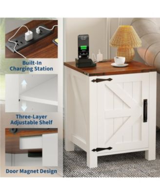 Rustic Farmhouse Nightstand with Charging Station, Barn Door & Adjustable Storage Shelf, Wooden Small Table 2PCS