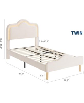 Bed Frame with Adjustable LED Headboard, Velvet Upholstered Princess Platform Bedframe with Footboard for Kids/Girls, Wooden Slats Support